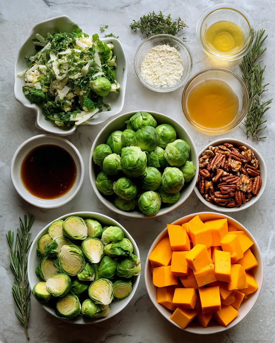 Ingredients for Sweet and Savory Maple Glazed Brussels Sprouts and Butternut Squash Salad