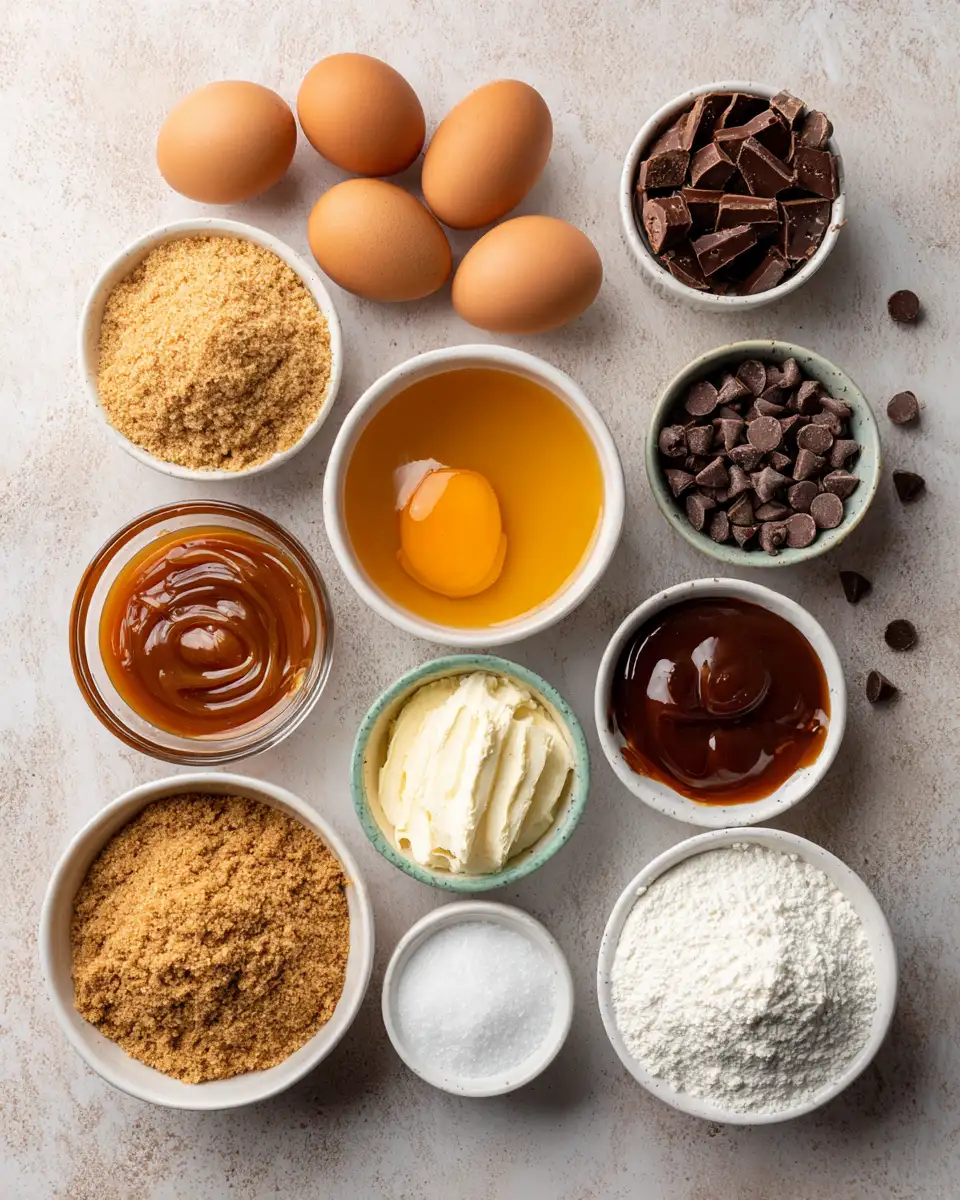 Ingredients for Irresistible Mini Salted Caramel Cheesecakes with Decadent Chocolate Drizzle