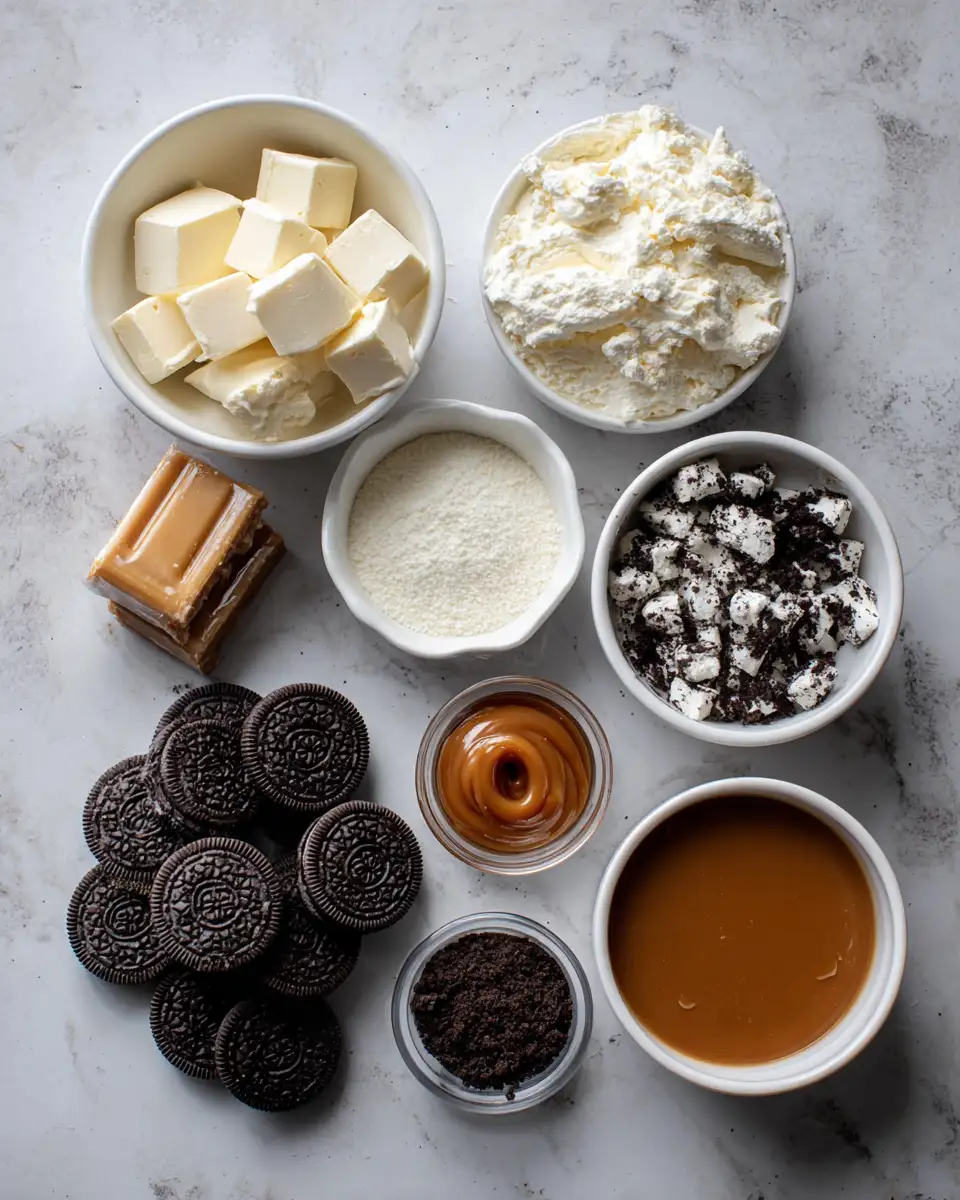 Ingredients for Irresistible No-Bake Oreo Caramel Cheesecake Bites Perfectly Sweet and Creamy