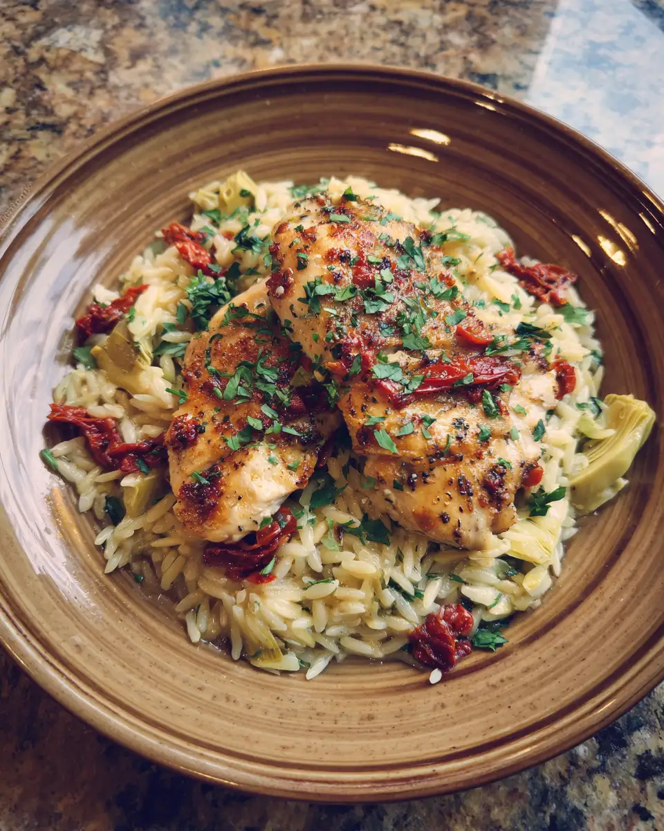 Final dish - Delicious One-Pan Chicken and Orzo with Artichokes and Sun-Dried Tomatoes to Savor Tonight