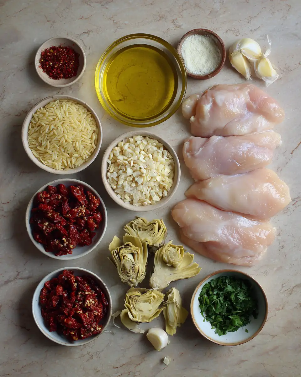 Ingredients for Delicious One-Pan Chicken and Orzo with Artichokes and Sun-Dried Tomatoes to Savor Tonight