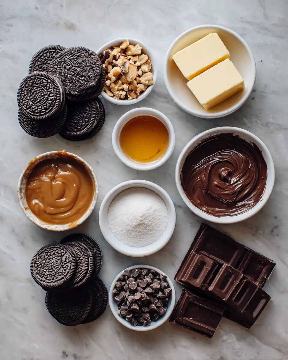 Ingredients for Irresistible Oreo Chocolate Caramel Cheesecake Bites to Satisfy Your Sweet Tooth