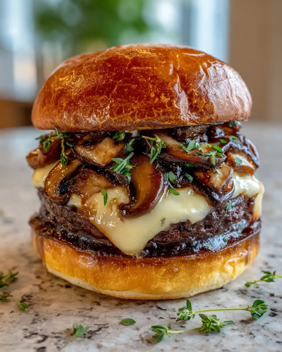 Final dish - Irresistible Whiskey-Glazed Mushroom Swiss Smash Burger Recipe