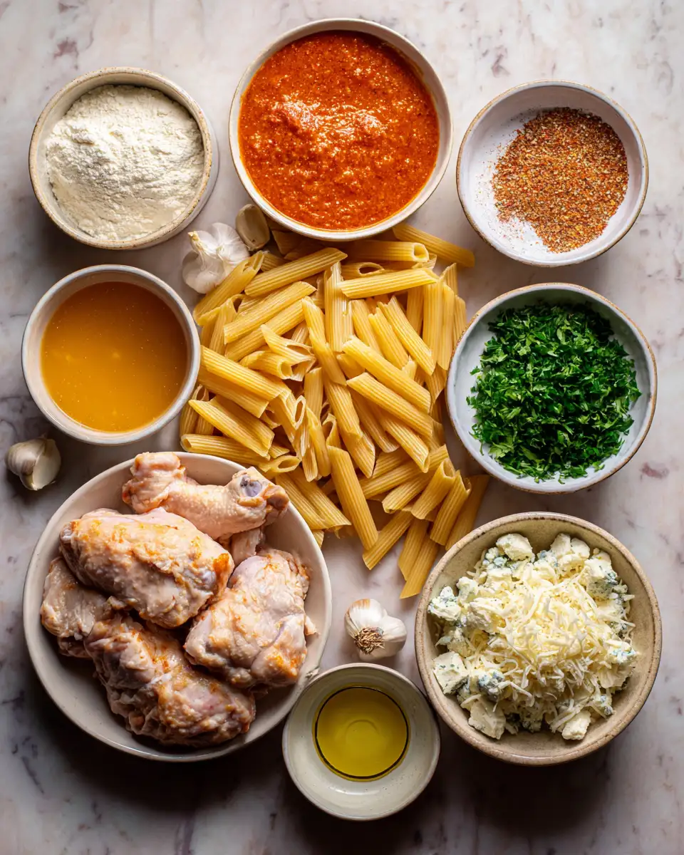 Ingredients for Creamy Crockpot Buffalo Chicken Pasta the Perfect Comfort Food