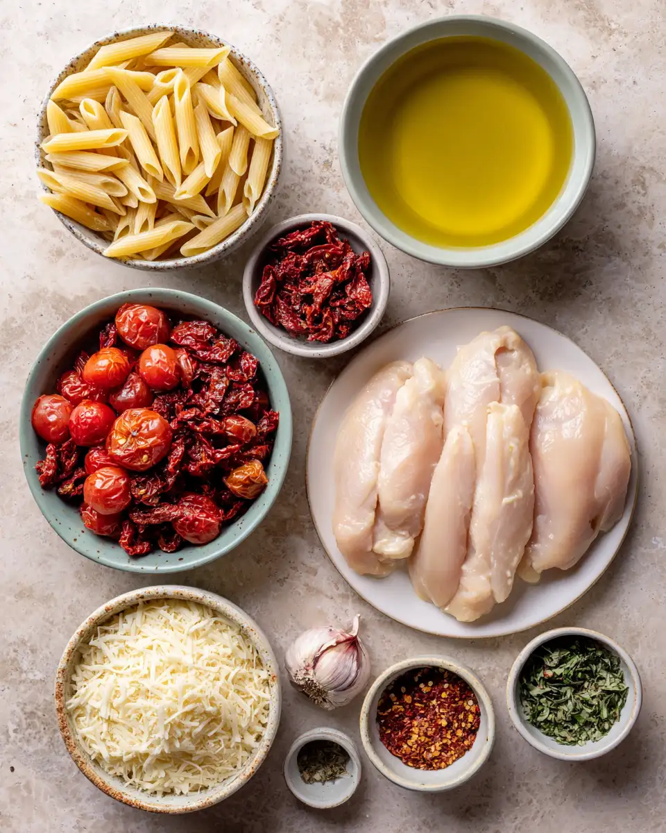 Ingredients for Creamy Crockpot Tuscan Chicken Pasta Perfect for Easy Weeknight Dinners