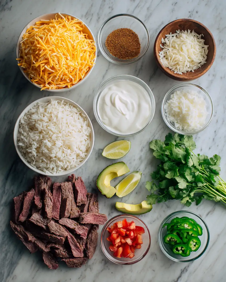 Ingredients for Ultimate Steak Queso Rice Bowl Recipe for a Flavor Explosion